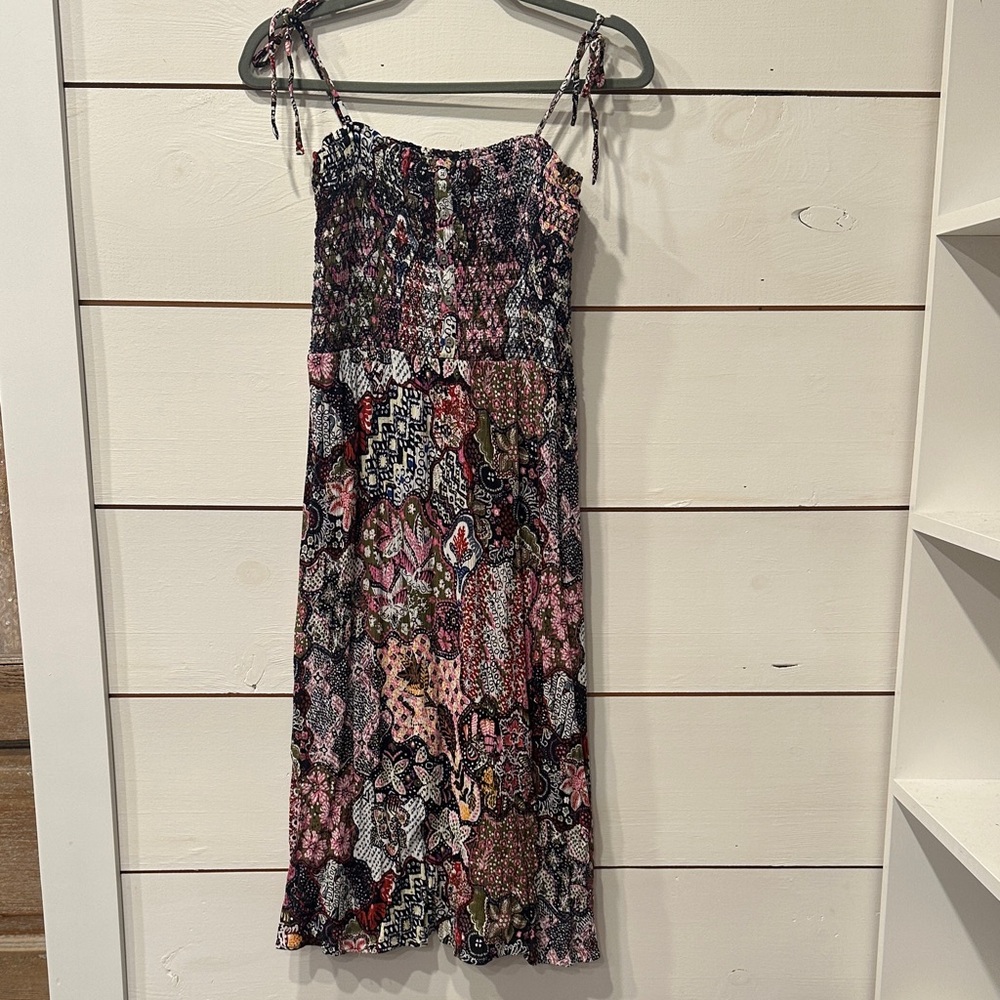Floral Patchwork pattern smocked midi dress